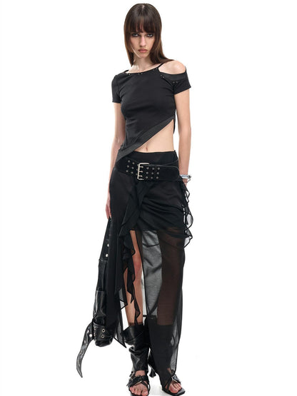 NORTH NODE Asymmetric Patchwork Irregular Pleated Ruffle Women&