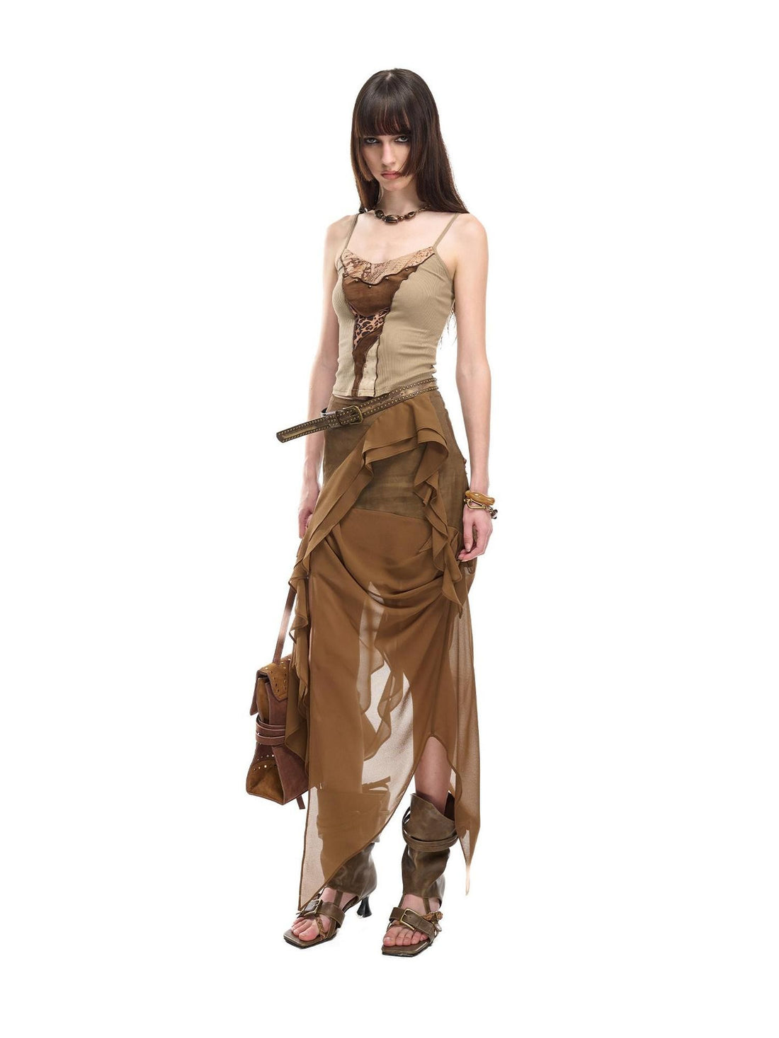 NORTH NODE Asymmetric Patchwork Irregular Pleated Ruffle Women&