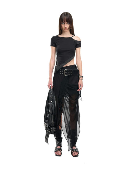 NORTH NODE Asymmetric Patchwork Irregular Pleated Ruffle Women&