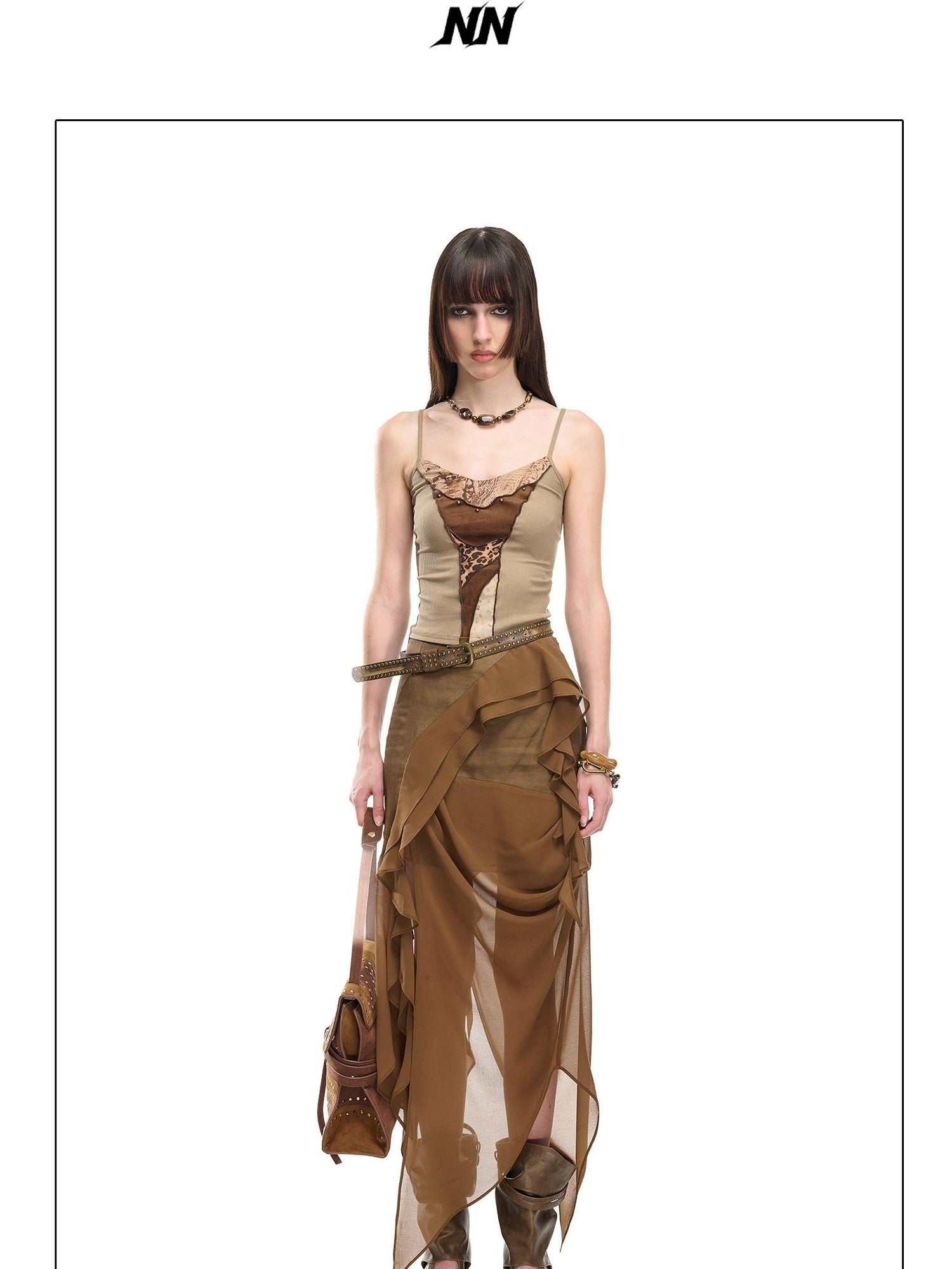 NORTH NODE Asymmetric Patchwork Irregular Pleated Ruffle Women&