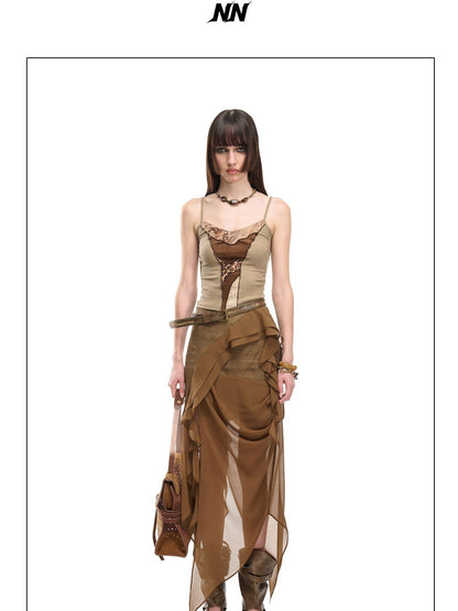NORTH NODE Asymmetric Patchwork Irregular Pleated Ruffle Women&