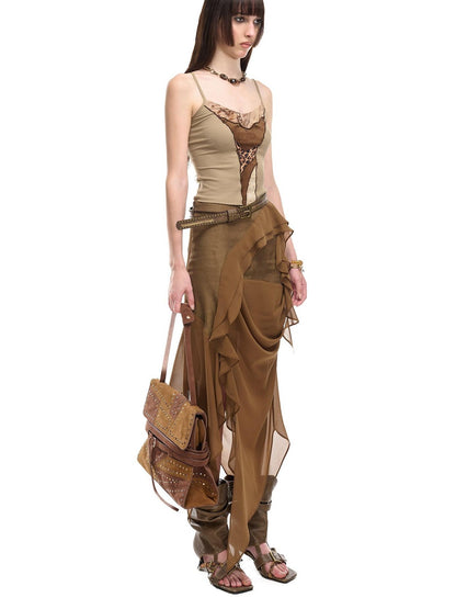 NORTH NODE Asymmetric Patchwork Irregular Pleated Ruffle Women&
