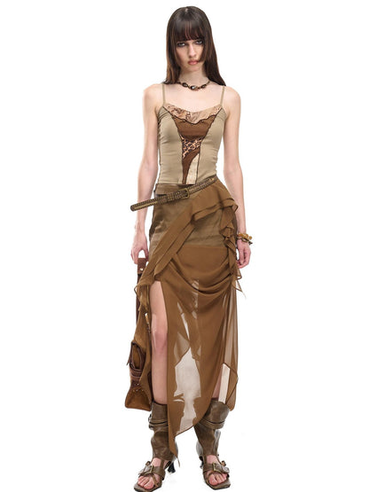 NORTH NODE Asymmetric Patchwork Irregular Pleated Ruffle Women&