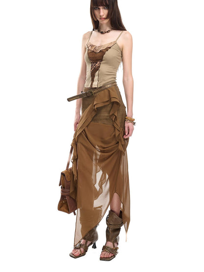 NORTH NODE Asymmetric Patchwork Irregular Pleated Ruffle Women&
