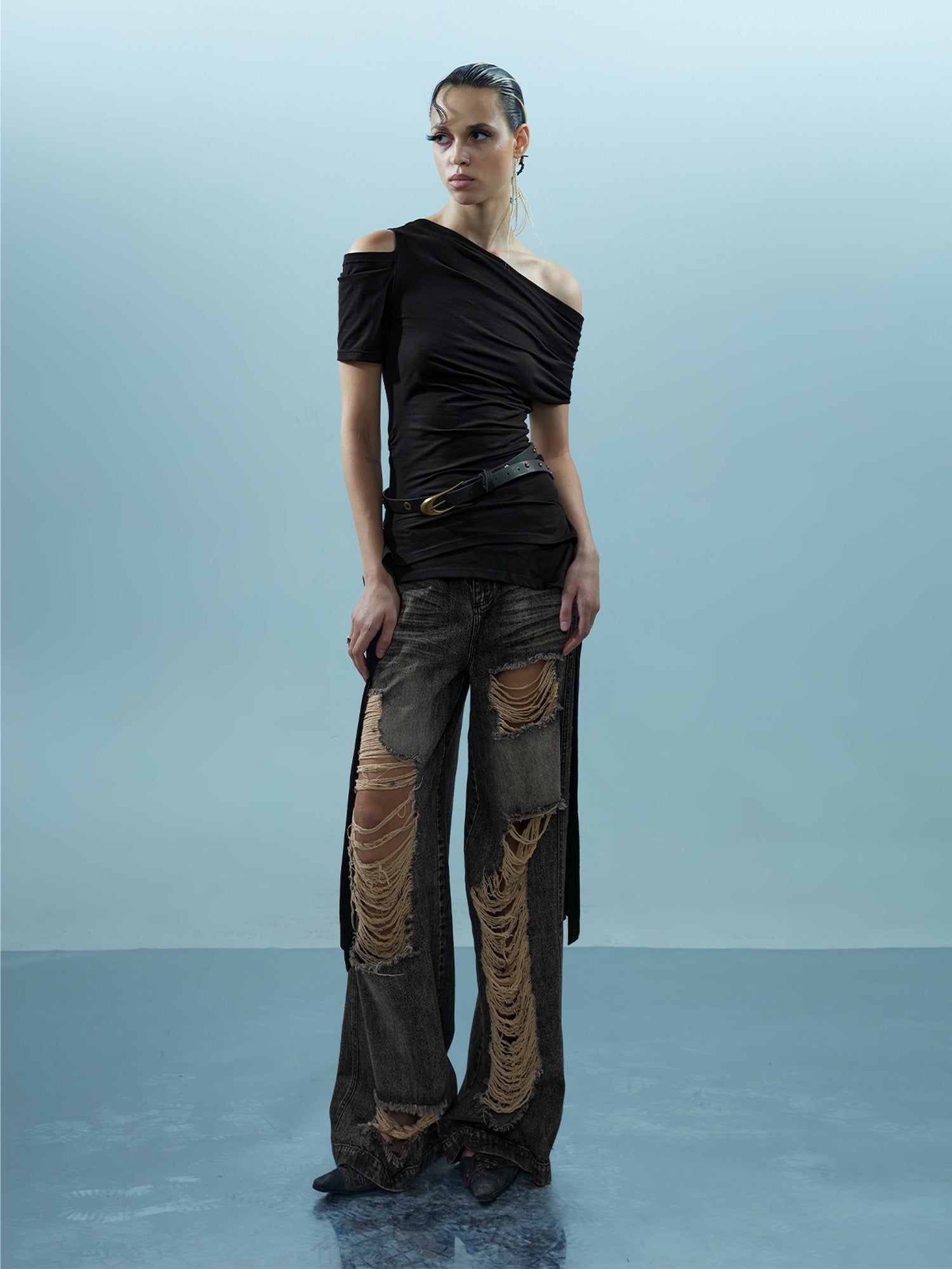 NORTH NODE Asymmetric Ribbon One Shoulder Cross Print Women&