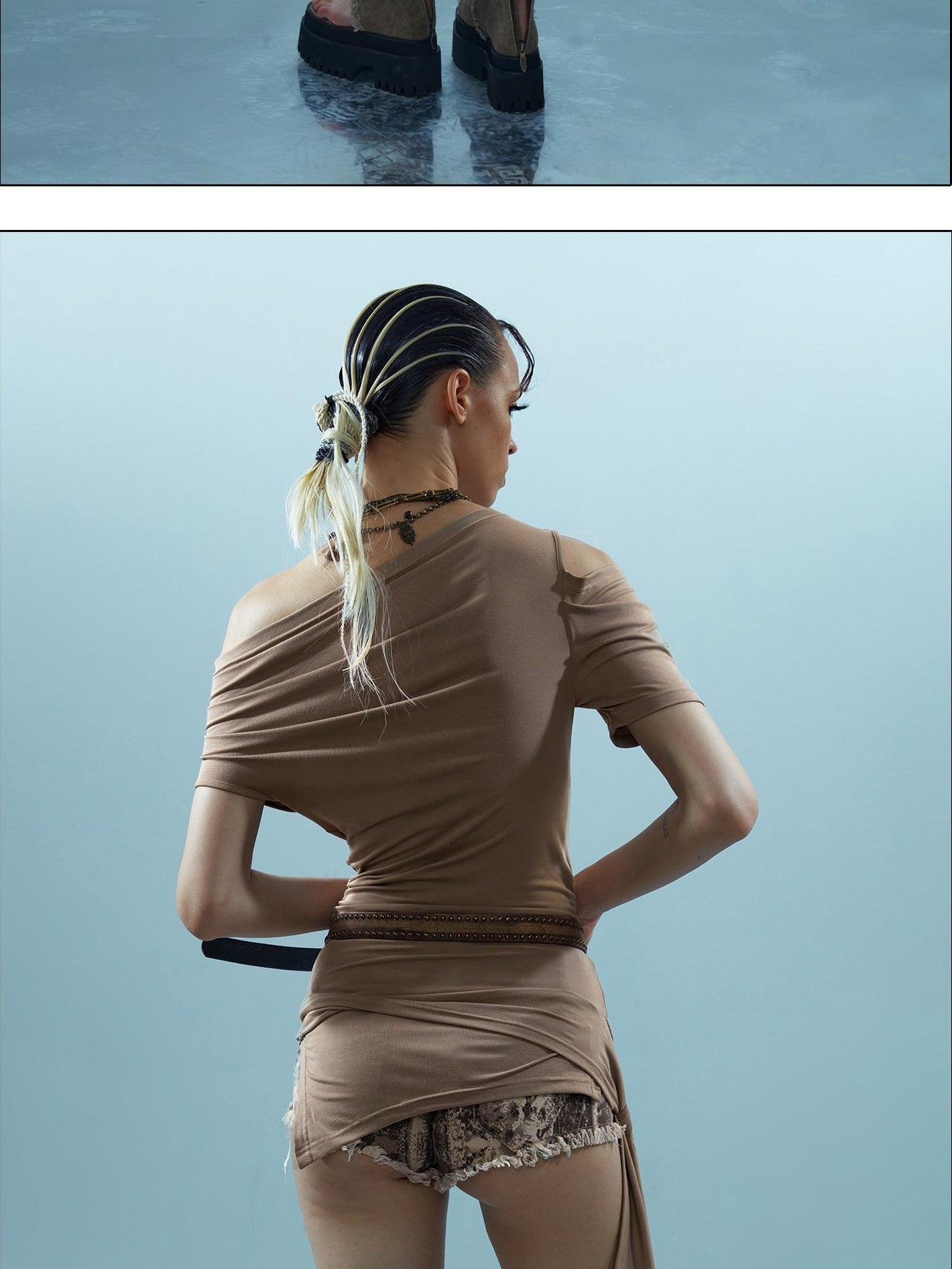 NORTH NODE Asymmetric Ribbon One Shoulder Cross Print Women&