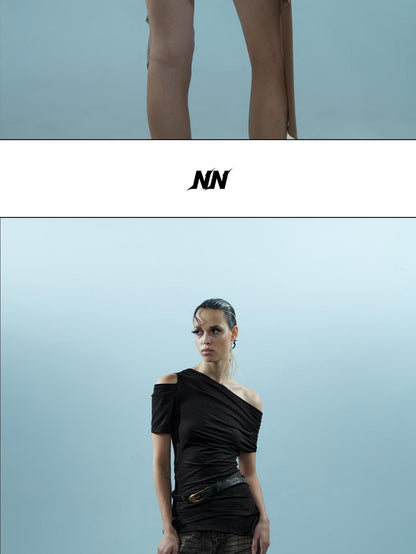 NORTH NODE Asymmetric Ribbon One Shoulder Cross Print Women&