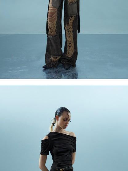 NORTH NODE Asymmetric Ribbon One Shoulder Cross Print Women&