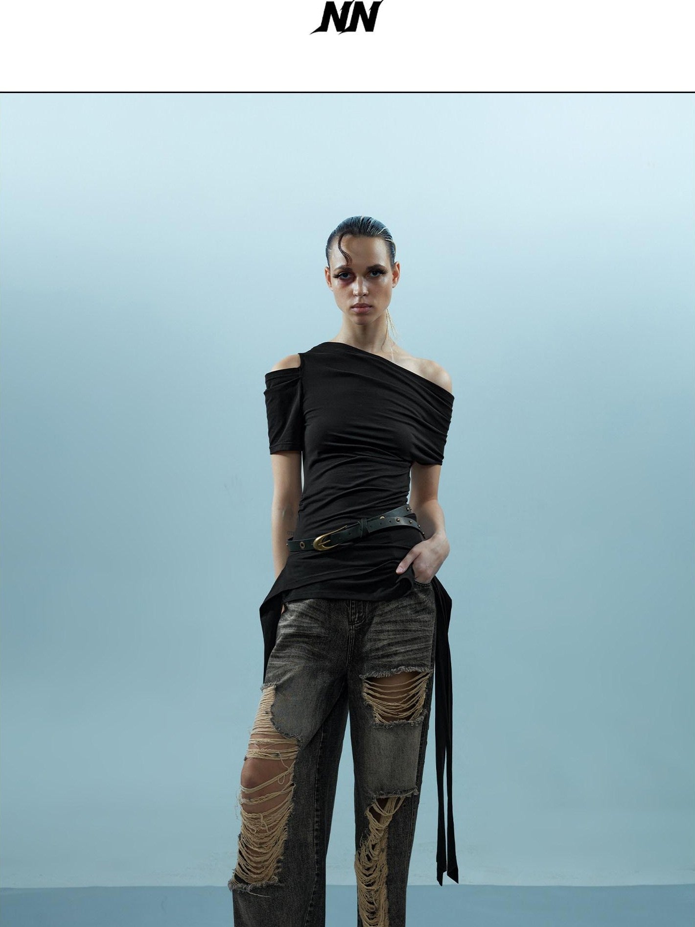 NORTH NODE Asymmetric Ribbon One Shoulder Cross Print Women&