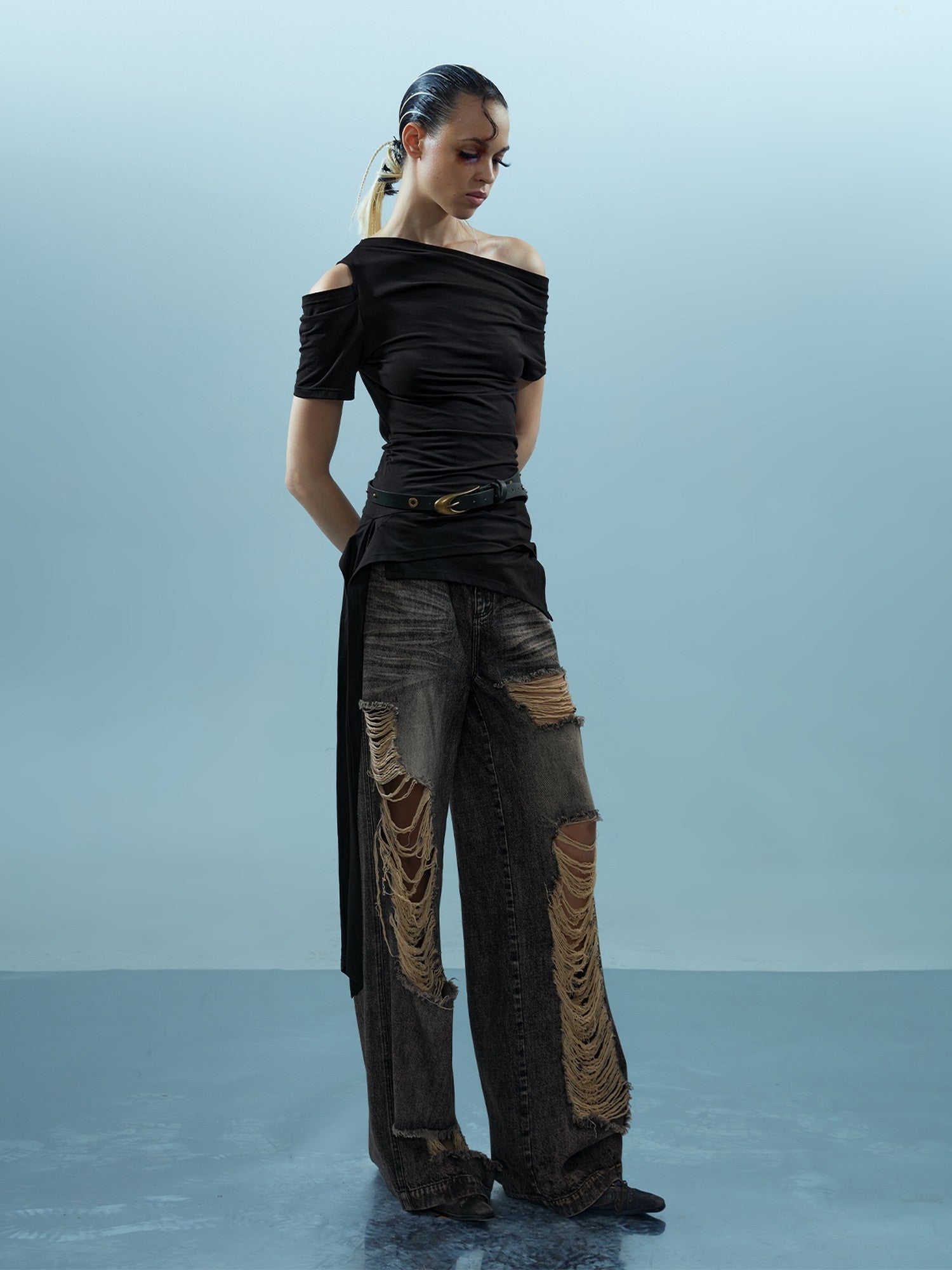 NORTH NODE Asymmetric Ribbon One Shoulder Cross Print Women&