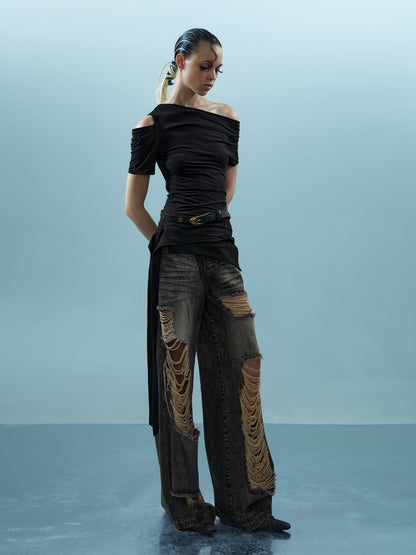 NORTH NODE Asymmetric Ribbon One Shoulder Cross Print Women&