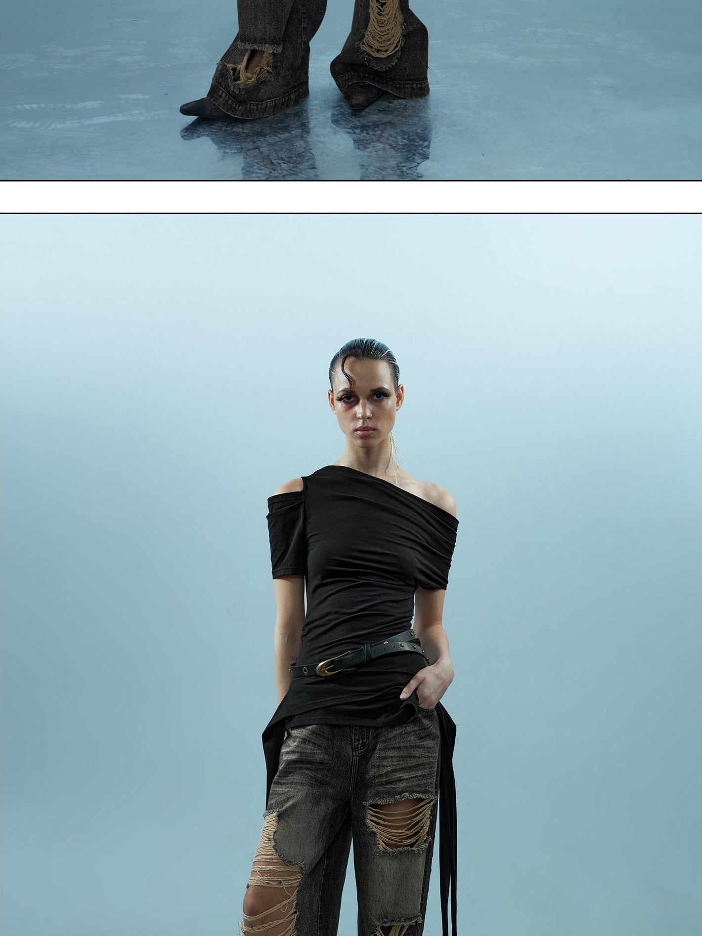 NORTH NODE Asymmetric Ribbon One Shoulder Cross Print Women&