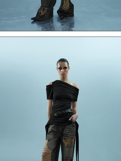 NORTH NODE Asymmetric Ribbon One Shoulder Cross Print Women&