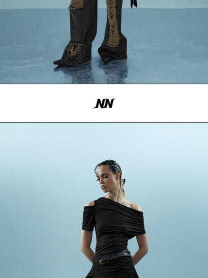 NORTH NODE Asymmetric Ribbon One Shoulder Cross Print Women&