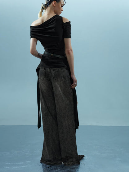 NORTH NODE Asymmetric Ribbon One Shoulder Cross Print Women&
