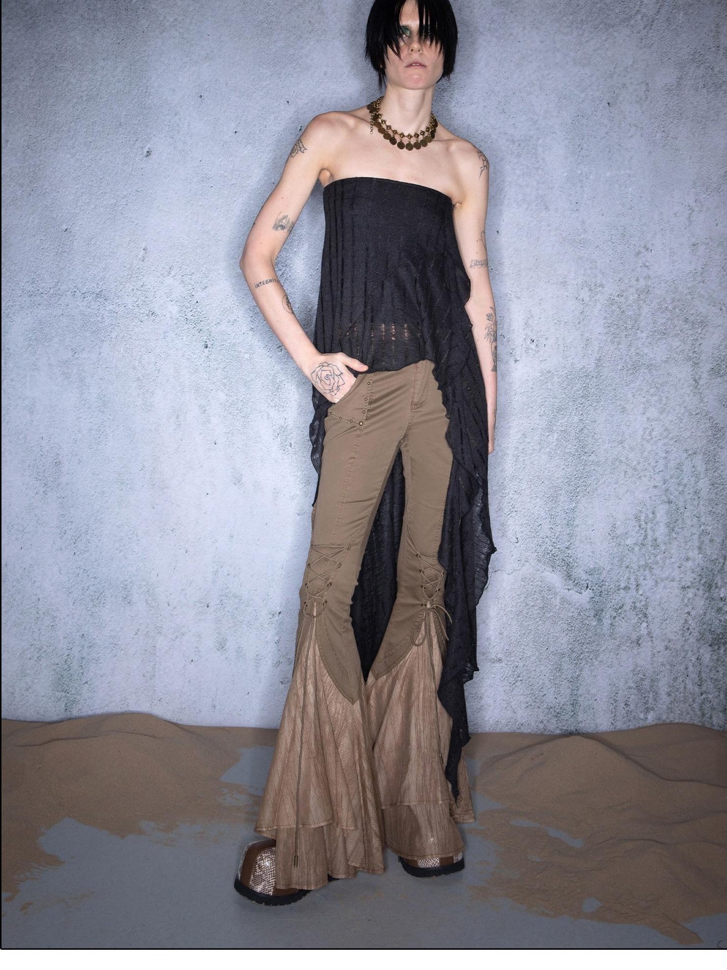 NORTH NODE Asymmetric Ruffle Convertible Knit A Line Women&