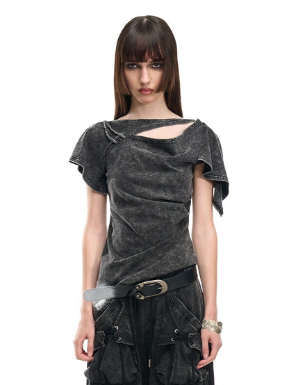 NORTH_NODE_Asymmetric_Ruffle_Sleeve_Round_Neck_Slim_Fit_Women&