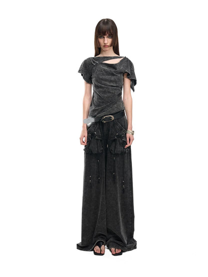 NORTH NODE Asymmetric Ruffle Sleeve Round Neck Slim Fit Women&