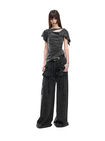 NORTH NODE Asymmetric Ruffle Sleeve Round Neck Slim Fit Women&