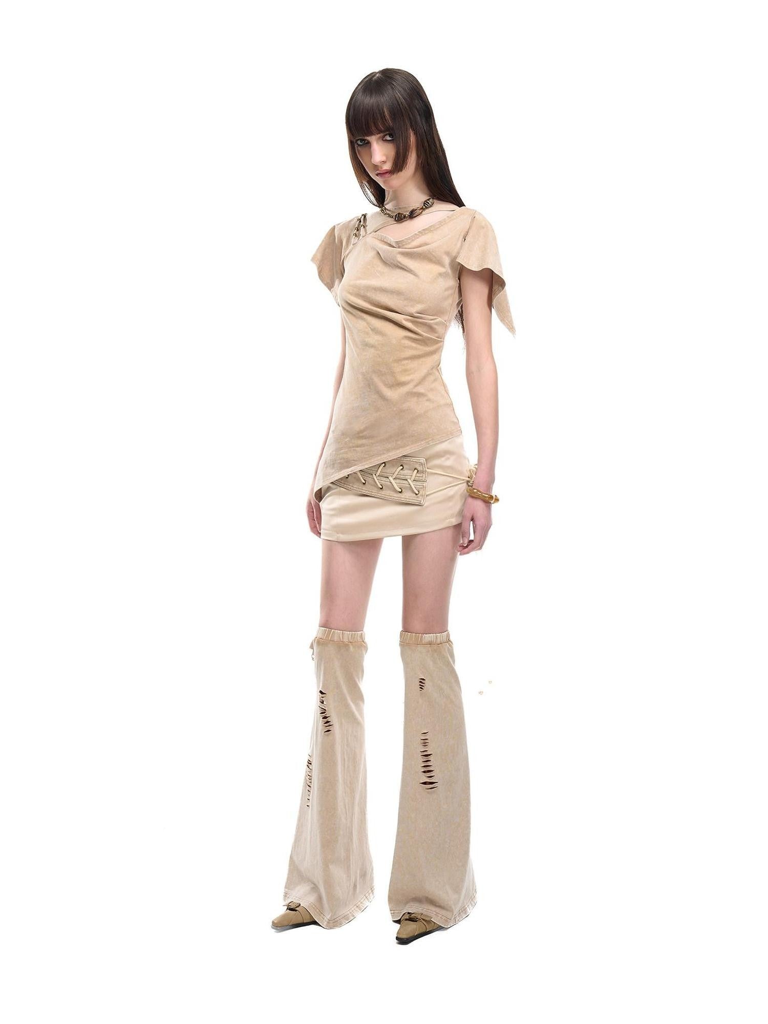 NORTH NODE Asymmetric Ruffle Sleeve Round Neck Slim Fit Women&