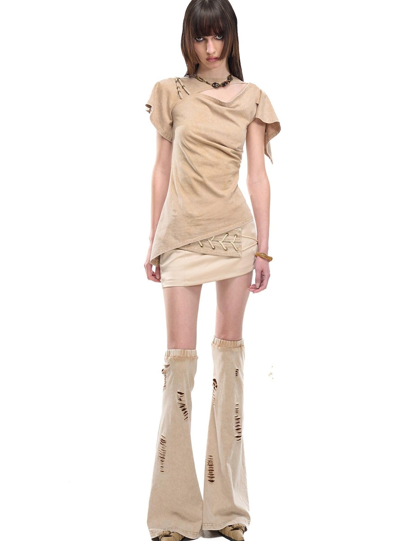 NORTH NODE Asymmetric Ruffle Sleeve Round Neck Slim Fit Women&