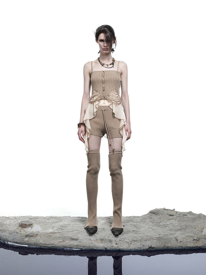 NORTH NODE Asymmetrical Patchwork Knit Ruffle Slim Fit Women&