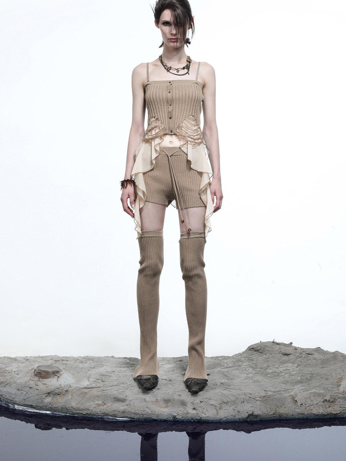 NORTH NODE Asymmetrical Patchwork Knit Ruffle Slim Fit Women&