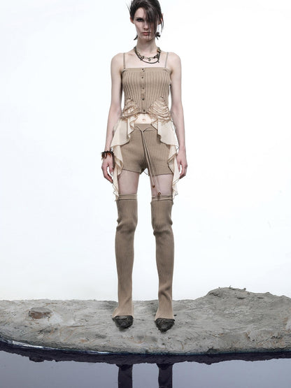 NORTH NODE Asymmetrical Patchwork Knit Ruffle Slim Fit Women&