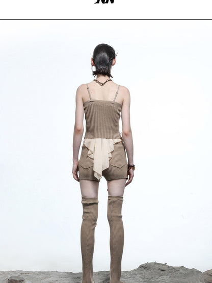 NORTH NODE Asymmetrical Patchwork Knit Ruffle Slim Fit Women&
