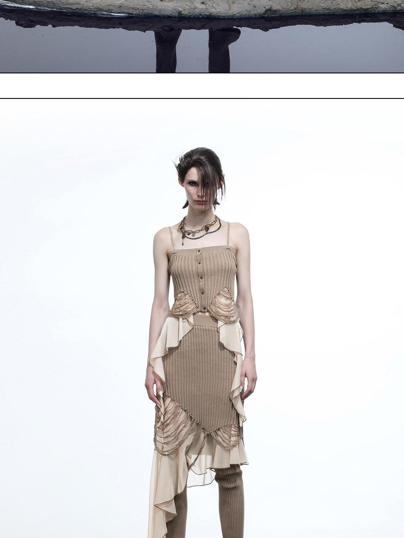 NORTH NODE Asymmetrical Patchwork Knit Ruffle Slim Fit Women&
