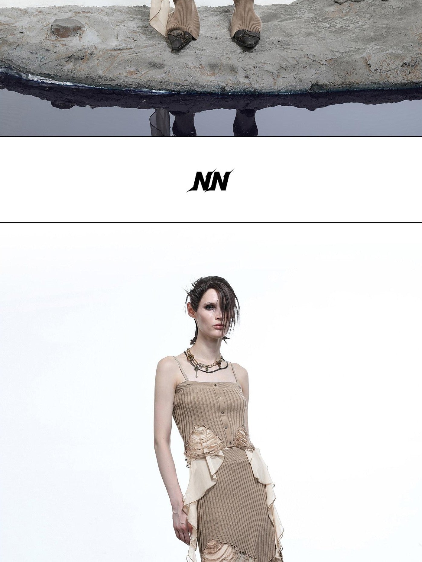 NORTH NODE Asymmetrical Patchwork Knit Ruffle Slim Fit Women&