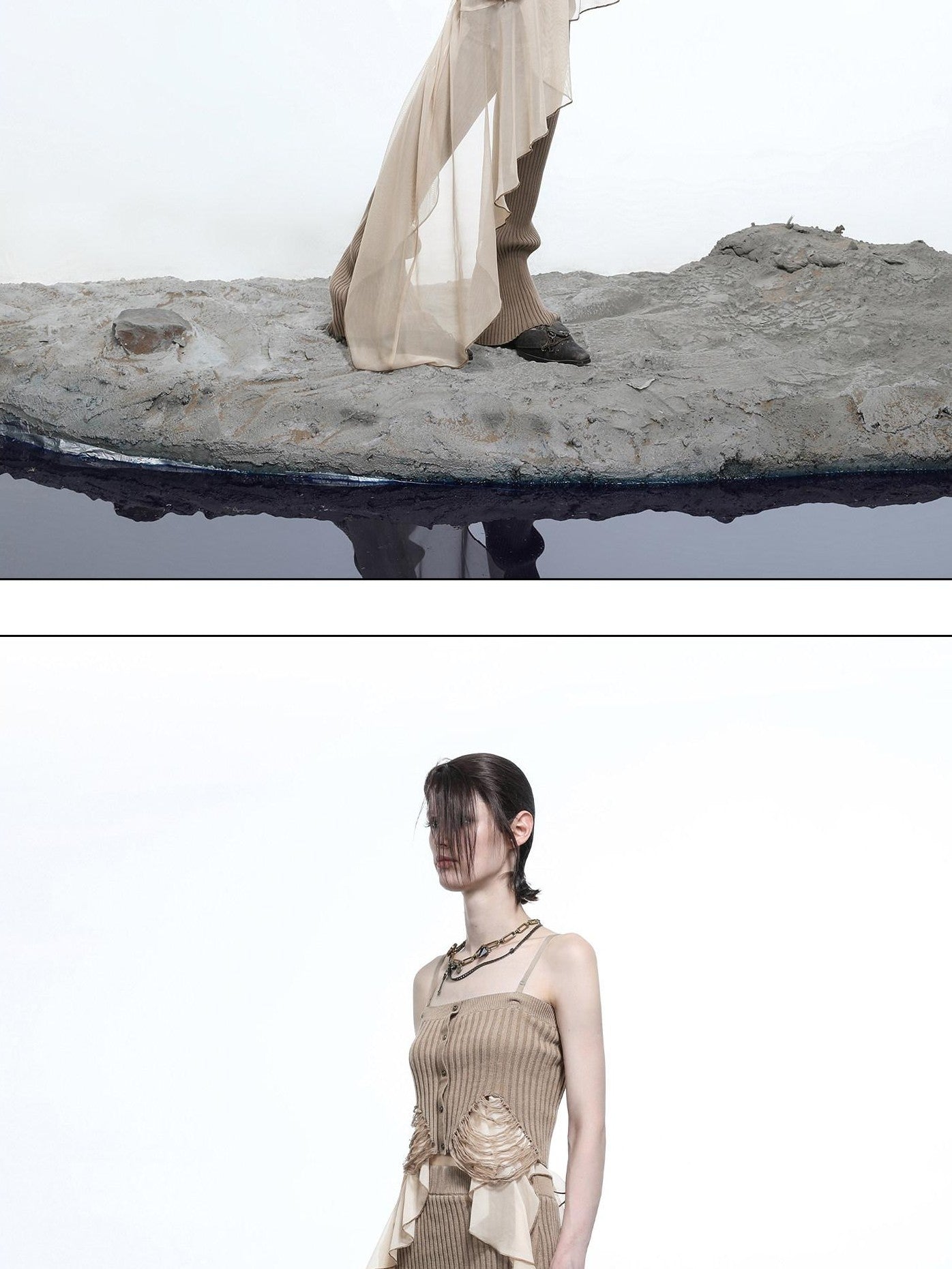 NORTH NODE Asymmetrical Patchwork Knit Ruffle Slim Fit Women&