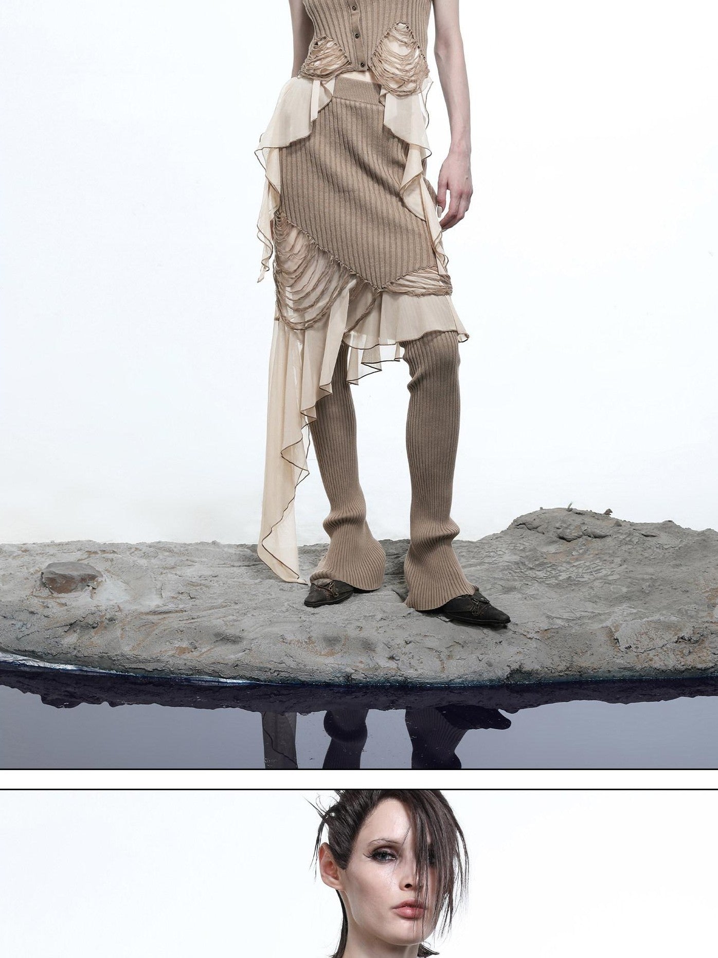 NORTH NODE Asymmetrical Patchwork Knit Ruffle Slim Fit Women&