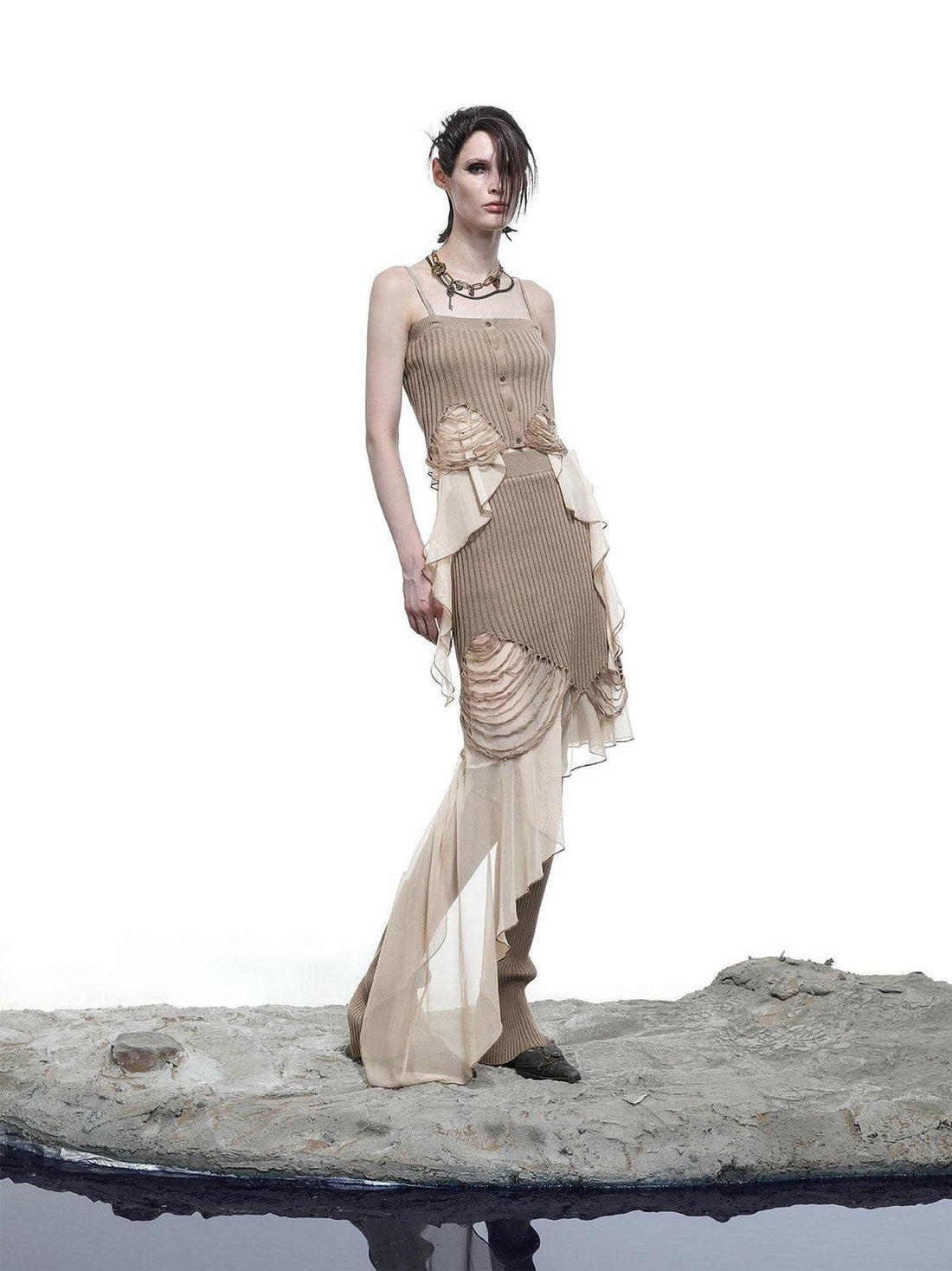 NORTH NODE Asymmetrical Patchwork Knit Ruffle Slim Fit Women&
