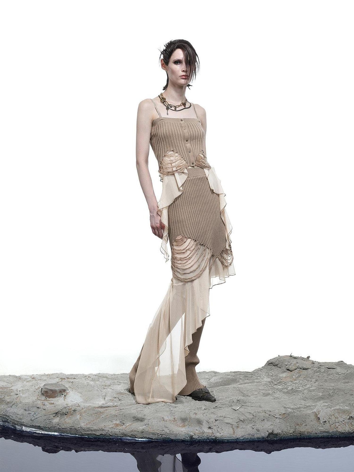 NORTH NODE Asymmetrical Patchwork Knit Ruffle Slim Fit Women&