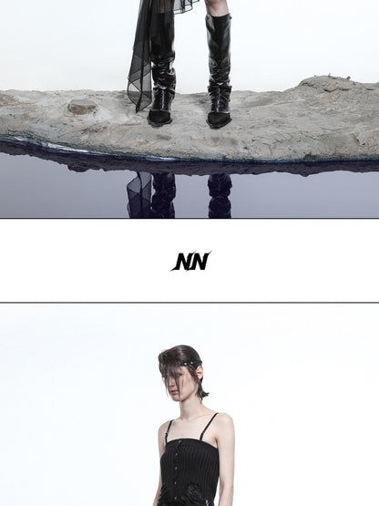NORTH NODE Asymmetrical Patchwork Knit Ruffle Slim Fit Women&