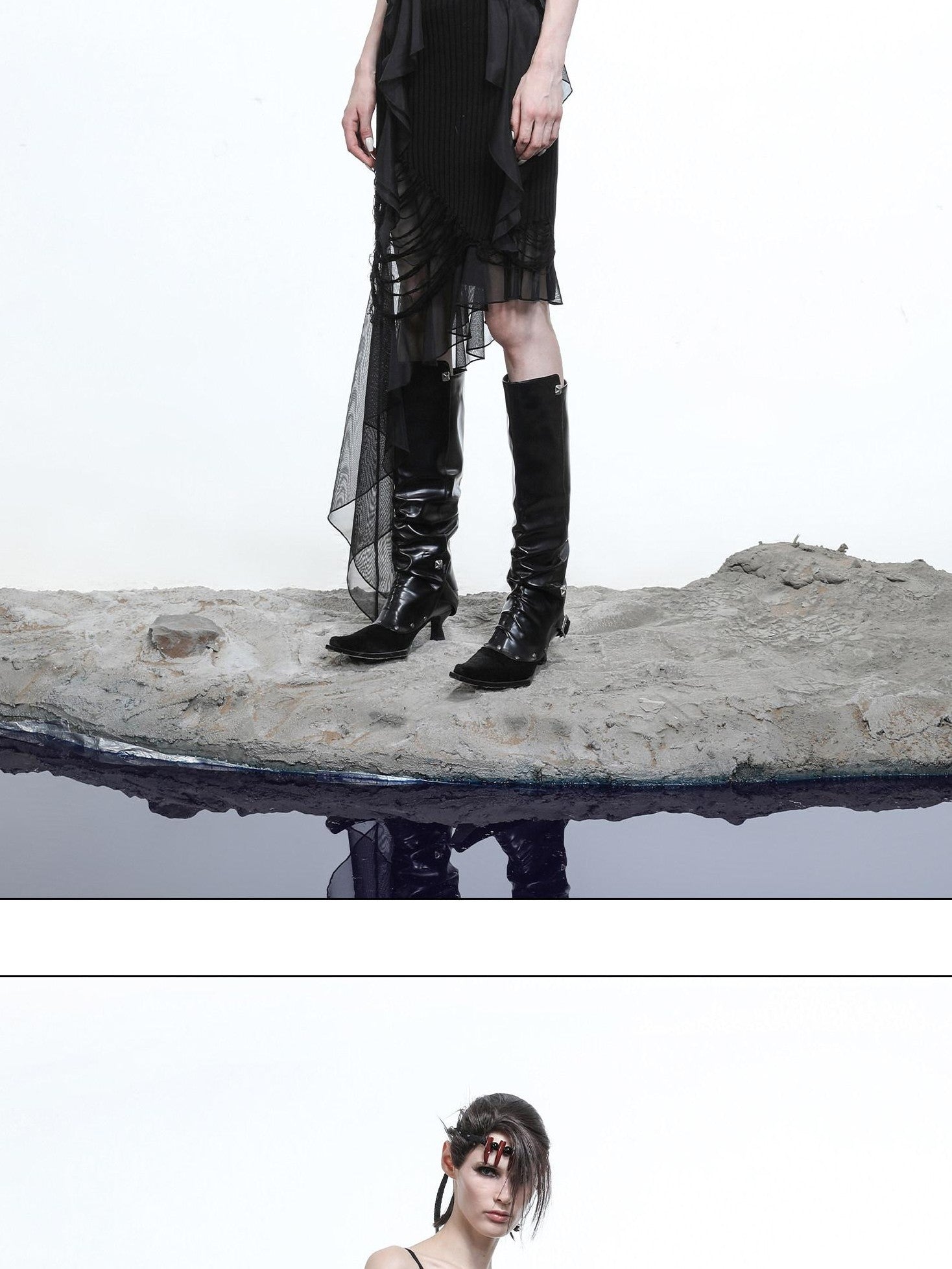 NORTH NODE Asymmetrical Patchwork Knit Ruffle Slim Fit Women&