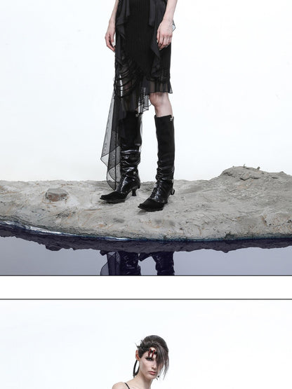 NORTH NODE Asymmetrical Patchwork Knit Ruffle Slim Fit Women&