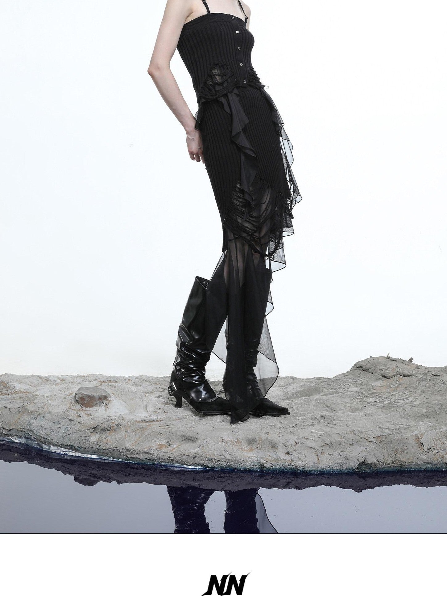 NORTH NODE Asymmetrical Patchwork Knit Ruffle Slim Fit Women&