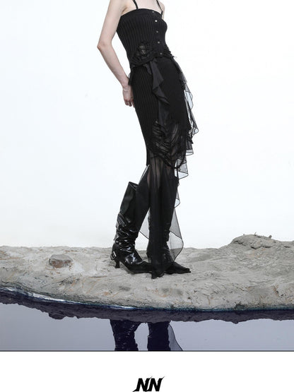 NORTH NODE Asymmetrical Patchwork Knit Ruffle Slim Fit Women&