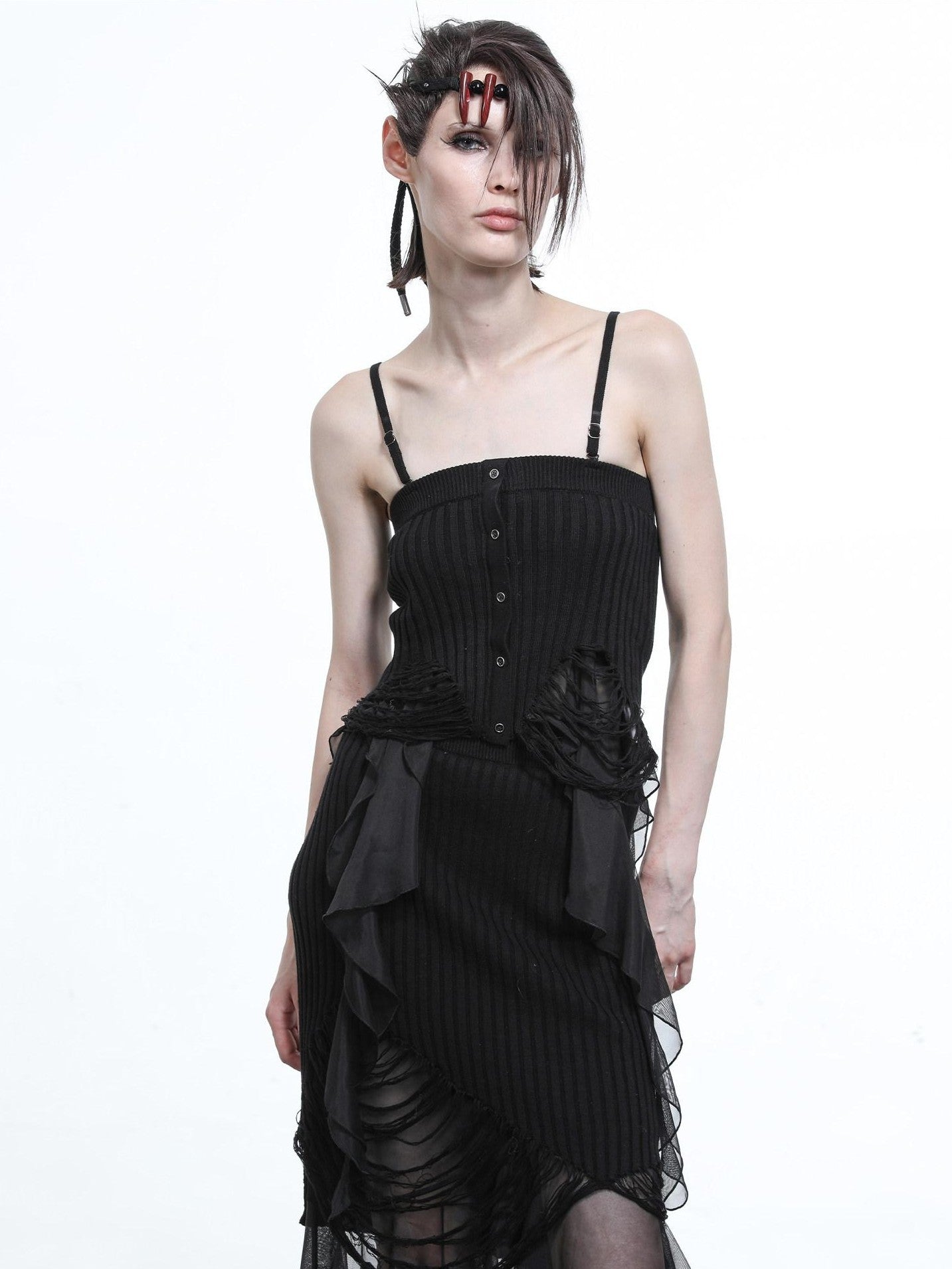 NORTH NODE Asymmetrical Patchwork Knit Ruffle Slim Fit Women&