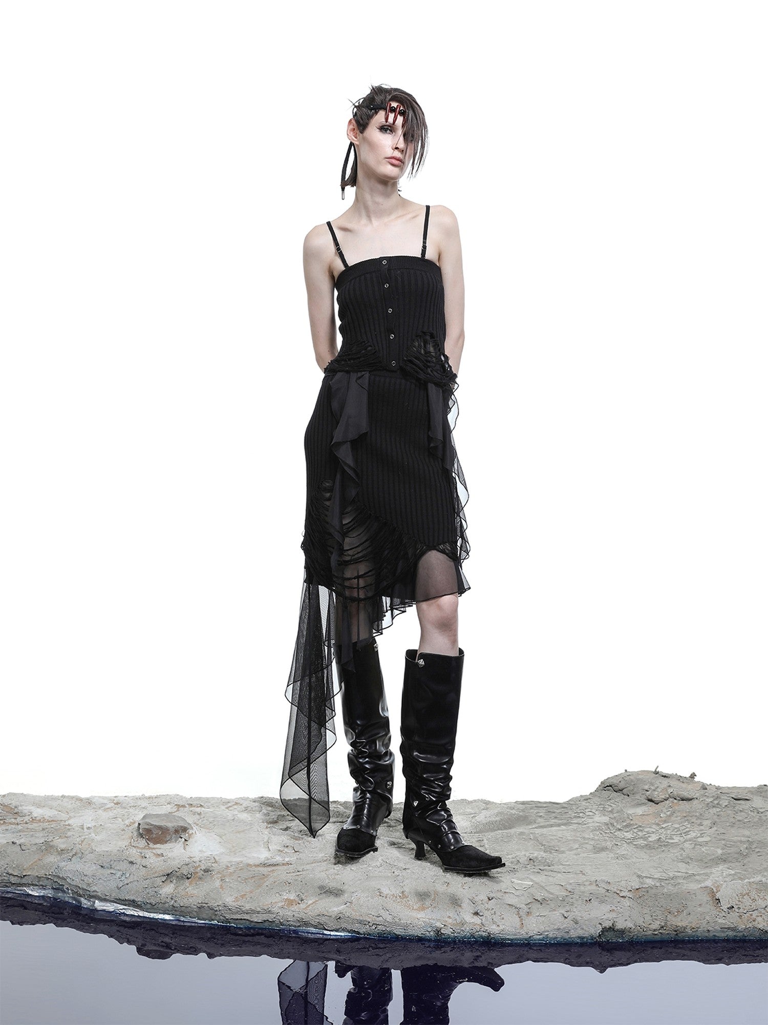 NORTH NODE Asymmetrical Patchwork Knit Ruffle Slim Fit Women&