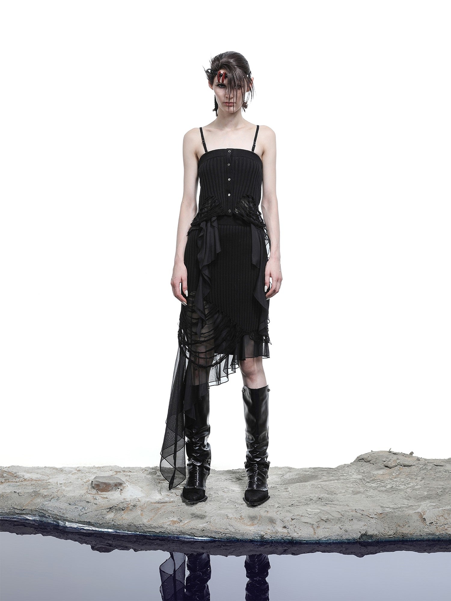NORTH NODE Asymmetrical Patchwork Knit Ruffle Slim Fit Women&