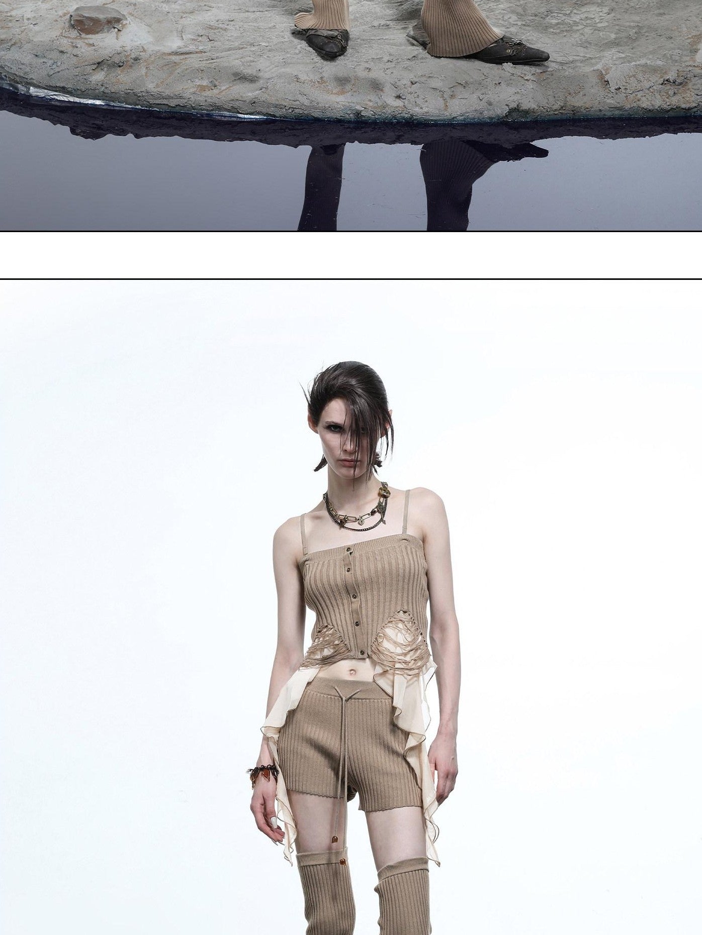NORTH NODE Asymmetrical Patchwork Knit Ruffle Slim Fit Women&
