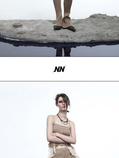 NORTH NODE Asymmetrical Patchwork Knit Ruffle Slim Fit Women&