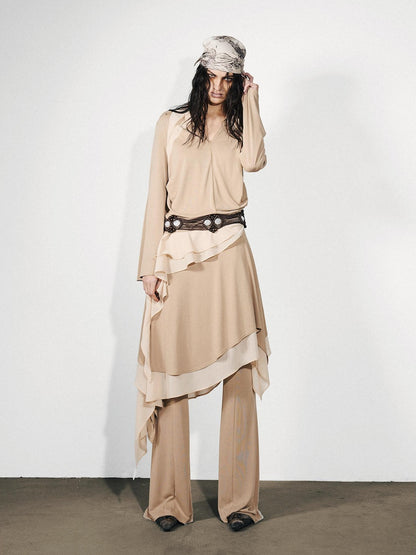 NORTH NODE Asymmetrical Patchwork Ruffle V-neck Loose Women&