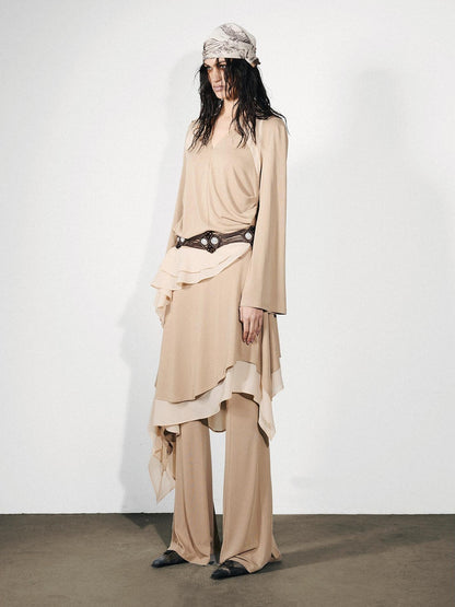NORTH NODE Asymmetrical Patchwork Ruffle V-neck Loose Women&