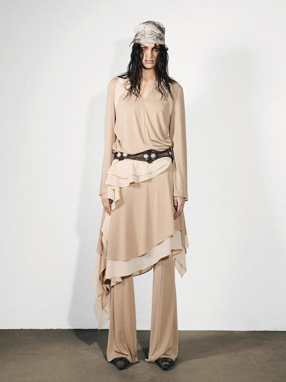 NORTH NODE Asymmetrical Patchwork Ruffle V-neck Loose Women&