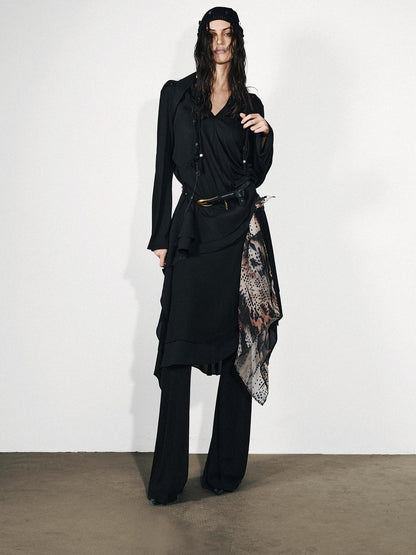NORTH NODE Asymmetrical Patchwork Ruffle V-neck Loose Women&