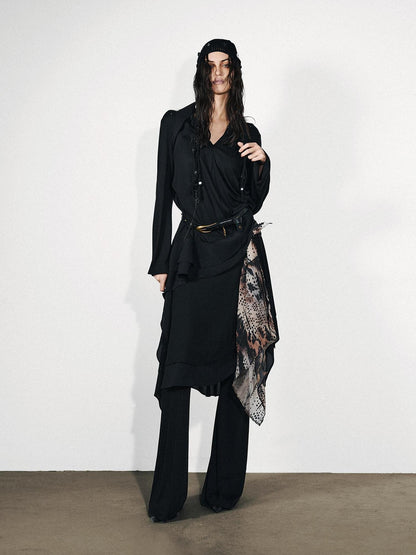 NORTH NODE Asymmetrical Patchwork Ruffle V-neck Loose Women&